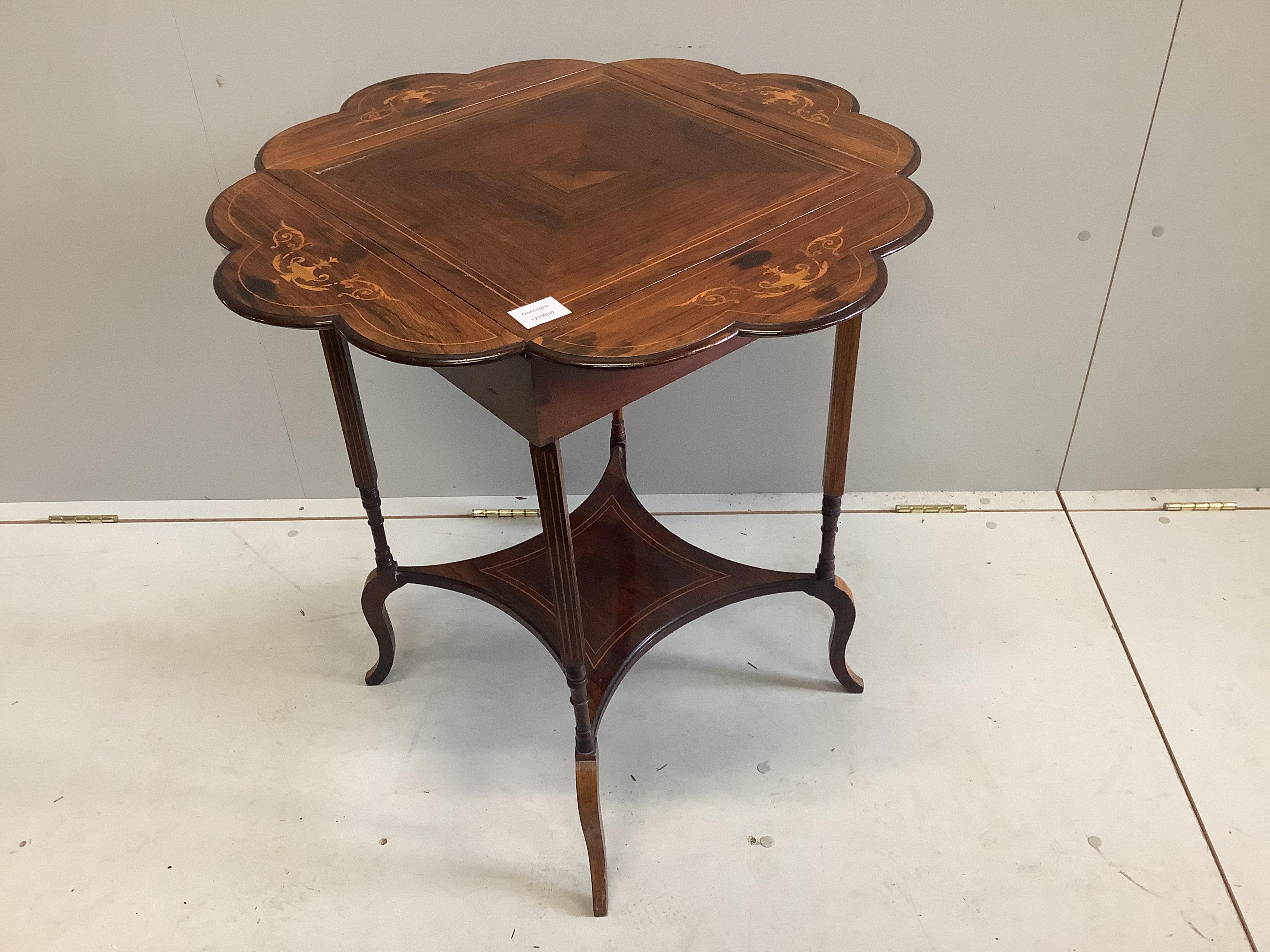 An Edwardian inlaid rosewood drop flap two tier centre table, width 46cm, depth 46cm, height 74cm